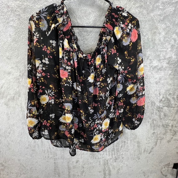 Jeans by Buffalo Tops - Peasant Floral Off the Shoulder Chiffon Blouse Large Cottagecore Whimsigoth